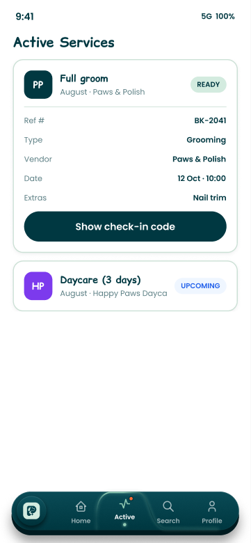 The Petcious app's Active Services screen, showing a groom in progress with a live check-in code