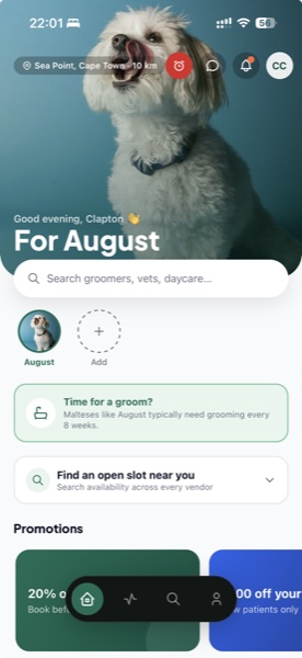 The Petcious app's Home screen, showing August the dog